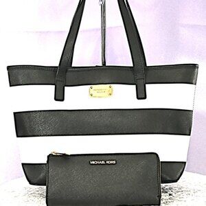 Michael Kors Jet Set Travel Large Tote & Zip Wallet Set – Black & White Saffiano